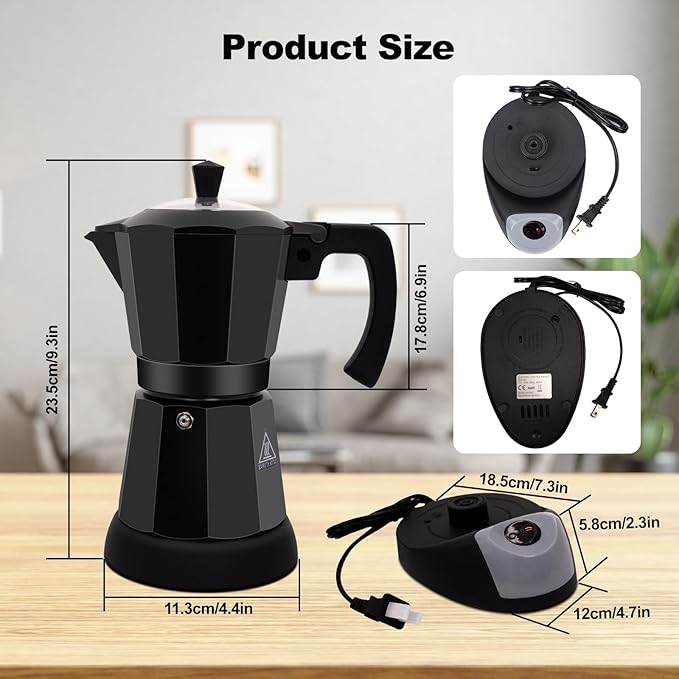 Electric Aluminum Moka Pot 5-6 Cup 270ml Espresso Maker with Detachable Base Ideal Coffee Makers for Home MochaPot Italian and Cuban Cafì±?Coffeemaker Espressomaker CoffeePot Black