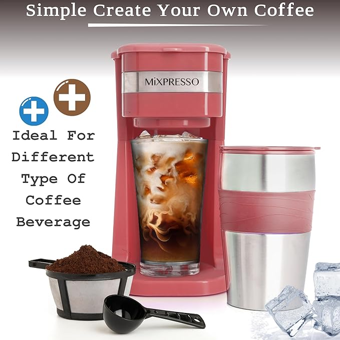 Mixpresso Red Personal Single Serve Coffee Maker with 14oz Travel Mug, Drip Small Coffee Maker with Auto Shut Off, Reusable Filter, Works with Ground Coffee Only ??Not for K-Cup Pods