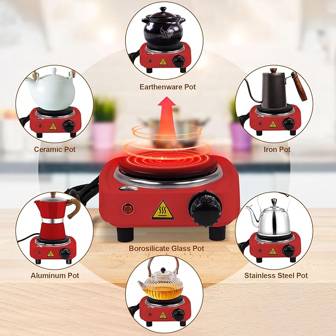 2-in-1 Moka Pot Espresso Set with Electric Stove 3 Cup Aluminum Stovetop Coffee Maker Percolator Italian Classic Mocha Coffee Machine for Italian and Cuban Cafe Brewing Portable Camping Red