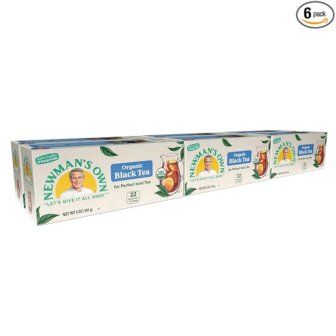 Newman's Own Organic Black Tea Boosts Immunity and Promotes Overall Wellbeing Strong Robust Unsweetened Black Tea with 22 Individually Wrapped Family Sized Tea Bags Per Box (Pack of 6) USDA Certified Contains Caffeine Brew Hot/Cold