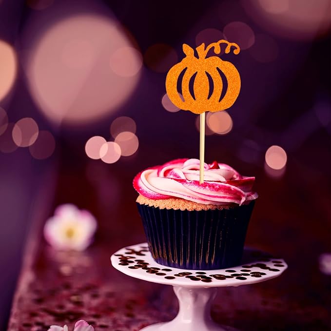 24pcs Orange Glitter Pumpkin Cupcake Toppers - Fall Theme Picks for Thanksgiving, Halloween, Birthday, Baby Shower Party Decoration Supply