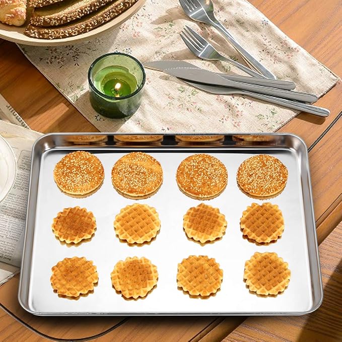 Baking Sheet Set of 2, Stainless Steel 2-Piece Cookie Sheet, Toaster Oven Baking Pan Set, Rectangle Size 16 x 12 x 1 inch, Healthy & Non Toxic, Mirror Finish & Rust Free, Dishwasher Safe