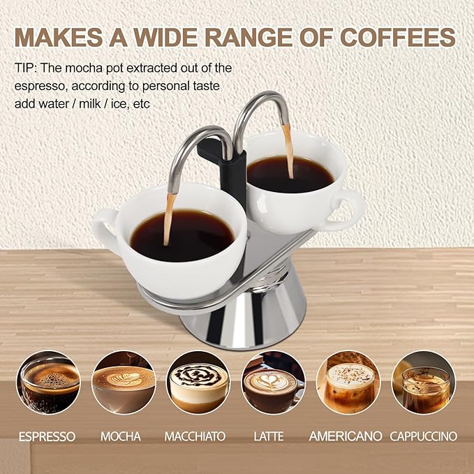 Uncoated 2 Cup Dual Pipe Moka Pot 304 Thickened Stainless Steel Mini Coffee Maker Stovetop Espresso Coffeemaker Italian Classic Style Brewing Greca Cafe Mocha Machine for Camping Travel Home 150ml