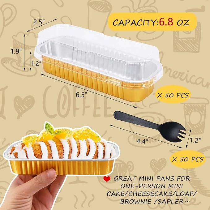 LNYZQUS Disposable Foil Mini Pans with Lids 50 Pack, 6.8oz 6.5"x2.5"x1.2" Aluminum Small Loaf Pans,Rectangle Muffin Pan Mini Cake Tins Containers for Bread Loaf -Gold