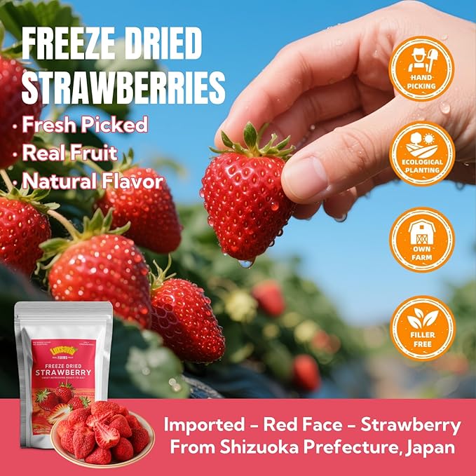 Premium Freeze Dried Strawberries 95-100 per bag,7.05OZ/200g Whole Big Natural Dried Strawberries No Additives,Dehydrated Strawberry No Sugar Added,Snacks
