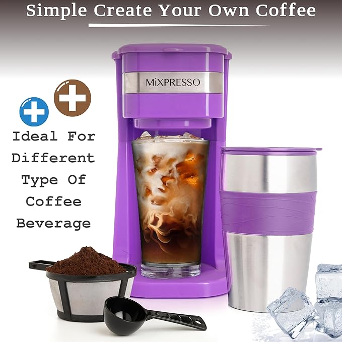 Mixpresso Purple Personal Single Serve Coffee Maker with 14oz Travel Mug, Drip Small Coffee Maker with Auto Shut Off, Reusable Filter, Works with Ground Coffee Only ??Not for K-Cup Pods