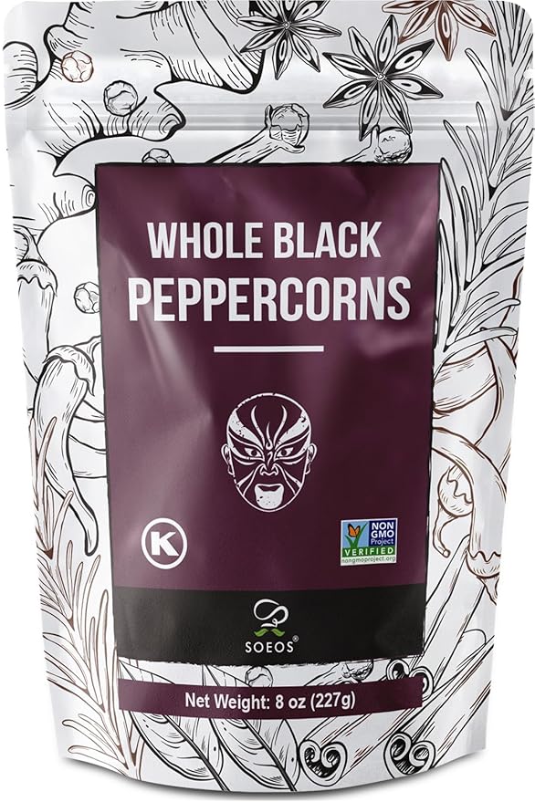 Soeos Black Peppercorns, 8oz (Pack of 1), Non-GMO, Kosher, Packed to Keep Peppers Fresh, Peppercorn for Grinder Refill, Whole Peppercorns