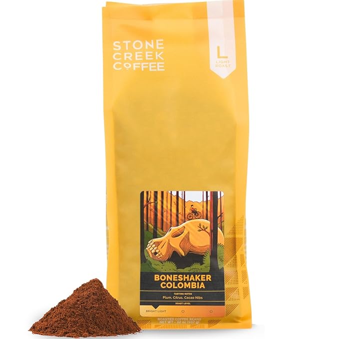 Stone Creek Coffee Light Roast Ground Coffee ??2 LB (Pack of 1) ??Smooth Specialty Fresh Roasted Coffee Beans with Juicy and Citrus Tasting Notes, Boneshaker Colombia