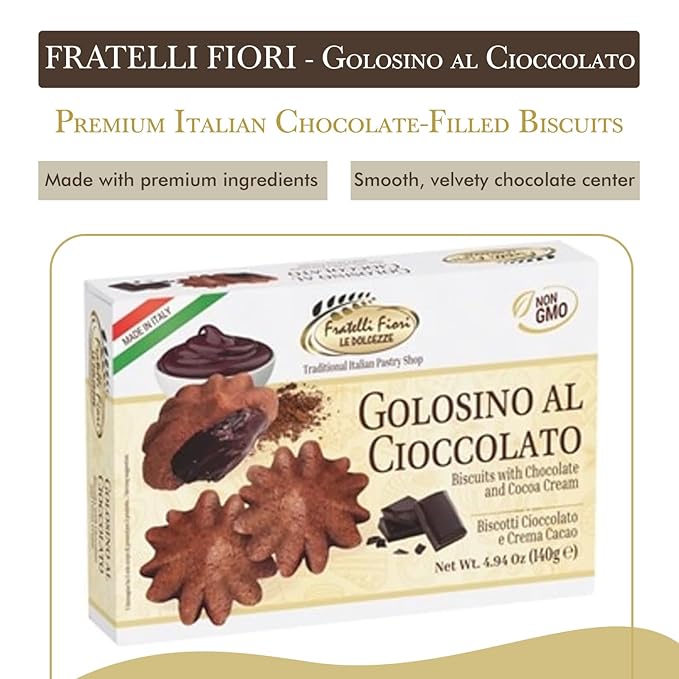 Fratelli Fiori Golosino Chocolate Cookies - Authentic Italian Cookies with Rich Creamy Cocoa Filling - Delicious Healthy Cookies Ideal for Snacks, Desserts, or Gifting - 2 Pack