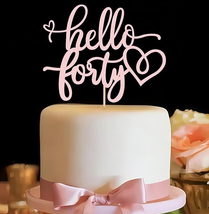 Hello Forty Cake Topper - Light Pink Glitter 40th Birthday Cake Decorating Supplies for Women, Hello 40 Cake Decor for 40th Birthday/Anniversary Party Photo Booth Props