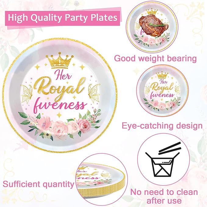 96Pcs Princess 5th Birthday Plates and Napkins Her Royal Fiveness Decorations Princess Party Dessert Plates Rainbow Castle Tableware for 24 Guests 5th Theme Girl Baby Shower Party Supplies