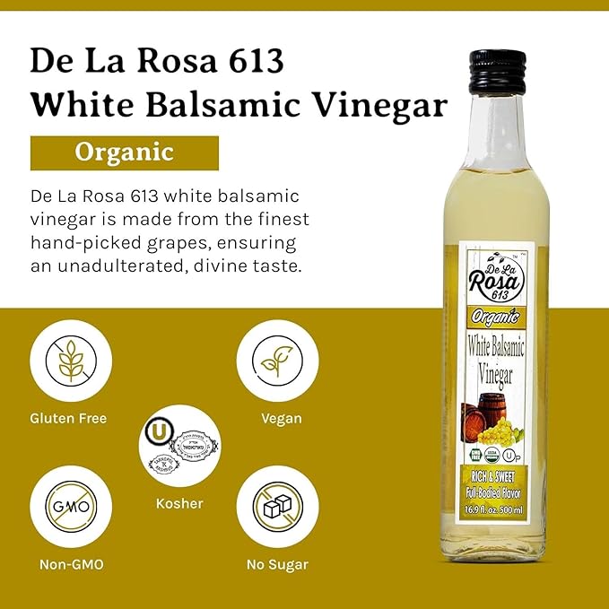 De La Rosa Organic White Balsamic Vinegar, Aged in Spanish Wood Barrels, Kosher for Passover, Vegan & Gluten-Free, Great for Salad Dressing, Marinades, Organic Balsamic Vinegar 16.9 Oz (Pack of 2)