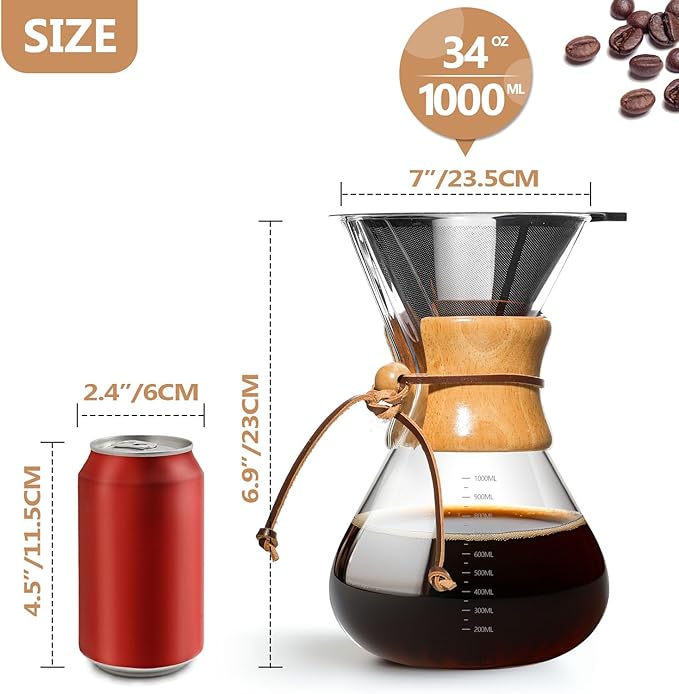 Pour Over Coffee Maker 34 OZ, 10 Cup Borosilicate Glass Drip Coffee Maker with Reusable Stainless Steel Filter and Cork Grip for Home Caf챕 1000 ML