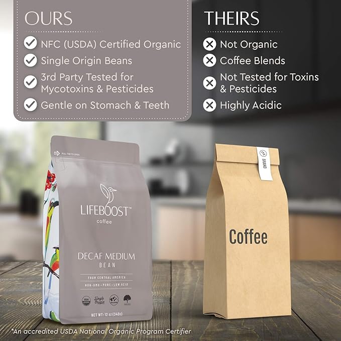 Lifeboost Medium Roast Decaf Coffee Beans ??Organic Low Acid Swiss Water Decaf ??Whole Bean Coffee ??Third Party Tested for Mycotoxins & Pesticides ??Chemical Free ??12 oz
