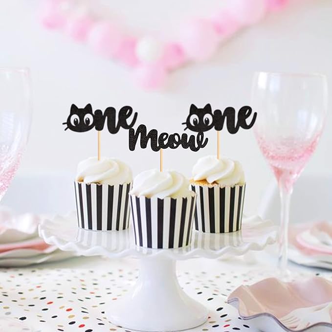 24Pcs Cat One Cupcake Toppers Black Glitter Meow Kitten First Birthday Cupcake Picks for Cat Lover Kitten Theme Baby Shower Kids 1st Birthday Wedding Party Supplies