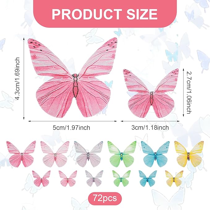 72Pcs Edible Butterfly Cake Decorations Colorful Vivid Butterfly Cake Topper Wafer Paper Butterflies Cupcake Toppers for Wedding Anniversary Baby Shower Birthday Party Decorating(Mix Color)