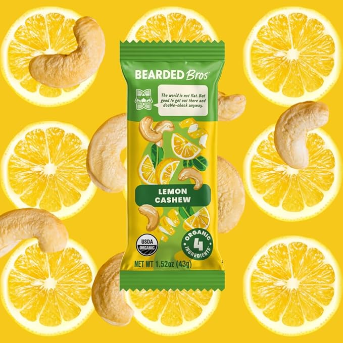 Bearded Brothers Vegan Organic Food Bar - Lemon Cashew, 12 Pack, Gluten Free, Paleo, Fiber, Whole 30 | Non GMO Low Glycemic Snacks (Packaging May Vary)