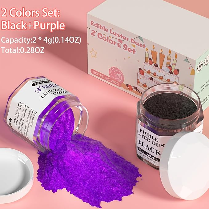 Luster Dust Edible Set - 2 Colors Food Grade Cake Dust Shimmer Powdered, Cherrysea Powder Food Coloring for Cocktails, Cookie Decorations, Cake, Drinks, Fondant, Candy - 4g/Bottle - Black+Purple