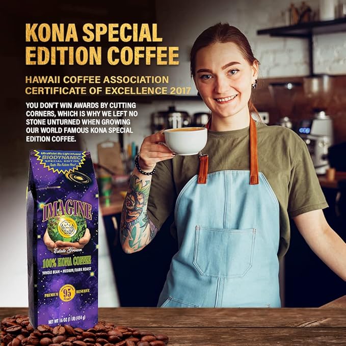 Imagine Kona UltraViolet Blu Light Infused Biodynamic Special Edition | Organic Whole Coffee Beans | Made From Premium Hawaiian Kona Beans | Top Grade Air Roasted | Medium Roast - 16 ounce