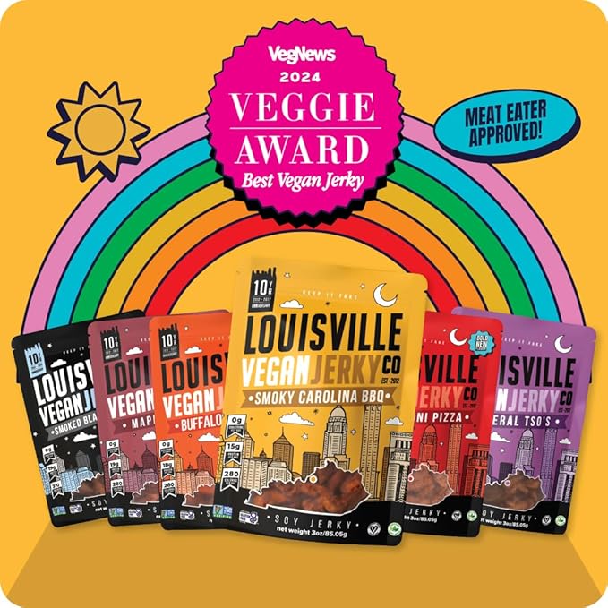 Louisville Vegan Jerky, Variety Pack ??3 Pack Includes Smoky Carolina BBQ, Smoked Black Pepper, General Tso - Non-GMO Soy Protein ??Gluten-Free Ingredients, High Protein Vegan and Vegetarian Meat Jerky Snacks (3 oz, 3-Pack)