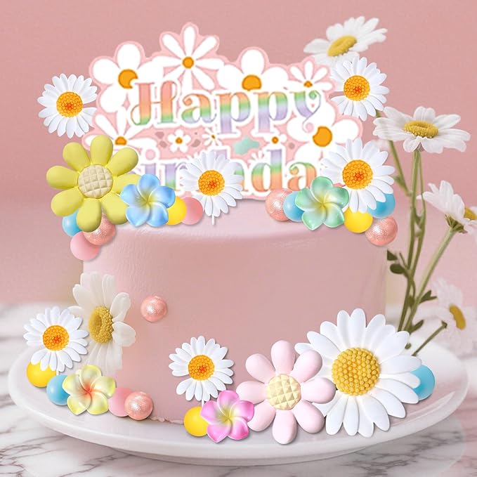 33 PCS Daisy Cake Decor Daisy Flower Birthday Cake Cupcake Toppers Hippie Themed Cake Cake Toppers Boho Baby Shower Birthday Wedding Supplies
