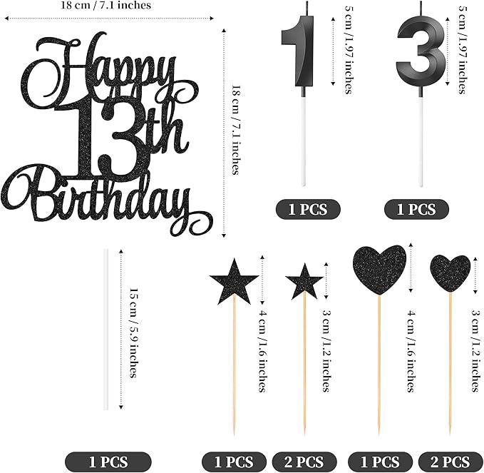 13th Birthday Cake Decorations, 13th Birthday Candles Cake Numeral Candles and Glitter Happy 13th Birthday Cake Toppers Set for Birthday Party Supplies (Black)