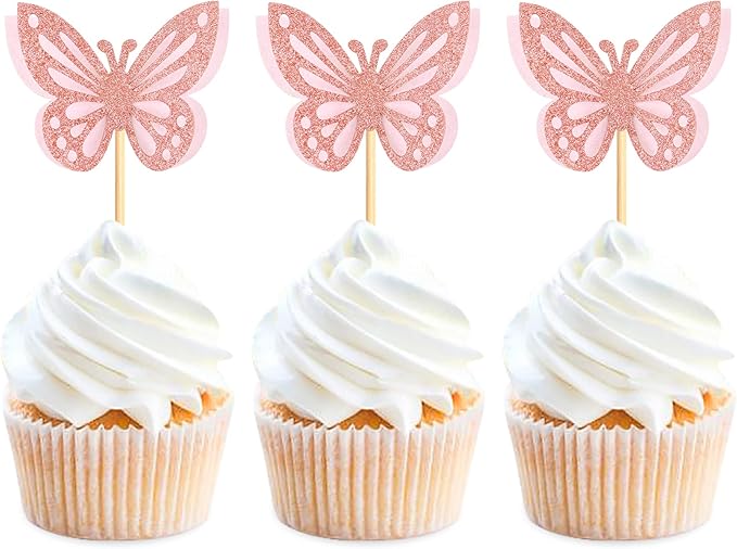 36PCS Butterfly Cupcake Toppers 3D Double Layers Hollow Cupcake Picks Baby Shower Cake Decorations Supplies for Butterfly Theme Wedding Anniversary Kids Birthday Party Light Pink