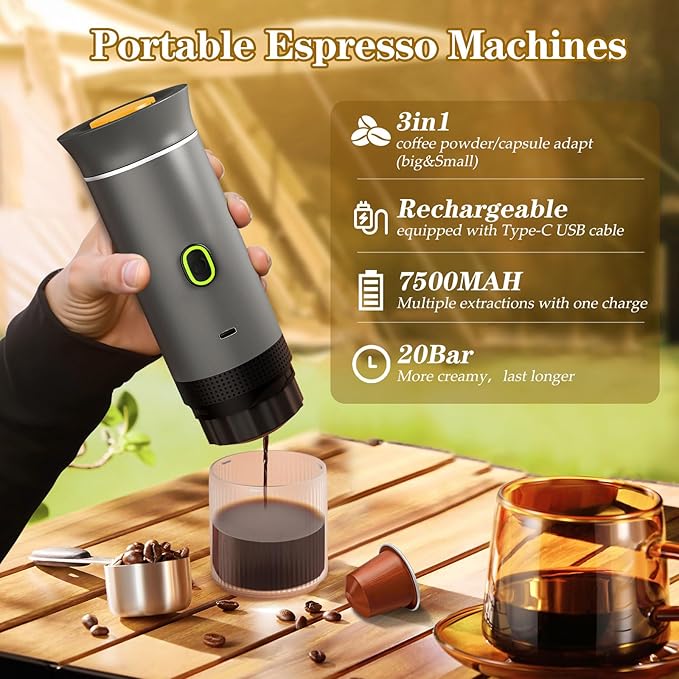 3-in-1 Portable Espresso Maker, Travel Coffee Maker, Self-Heating Car Coffee Maker with USB-C, Small Espresso Machine with Ground Coffee & Capsules (NS竊낪G) for RV, Hiking, Office (grey)