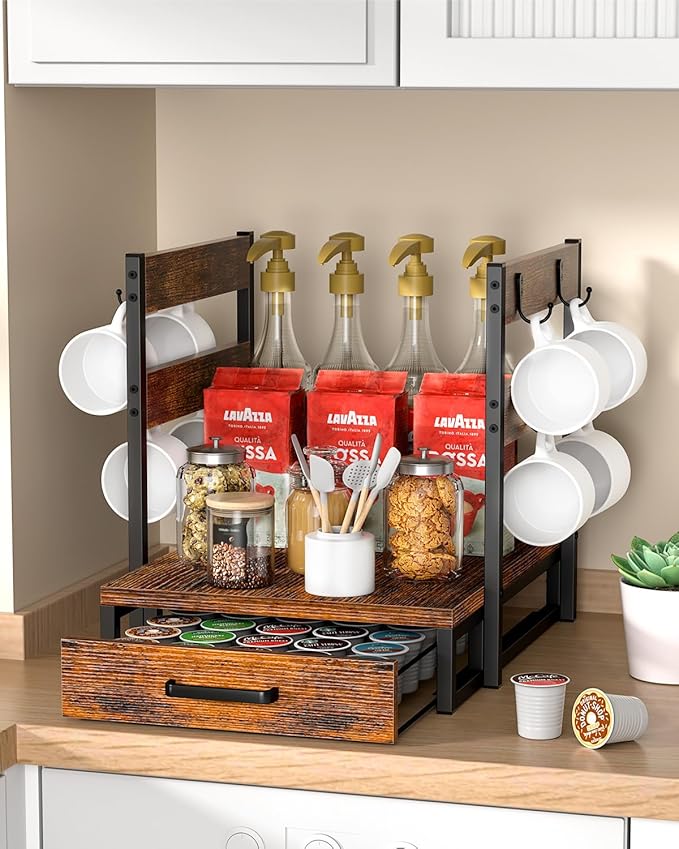 K Cup Holder, 35 Pod Capacity, Coffee Pod Holder Compatible with Keurig, Coffee Station Organizer for Countertop with Cup Rack, Rustic Brown