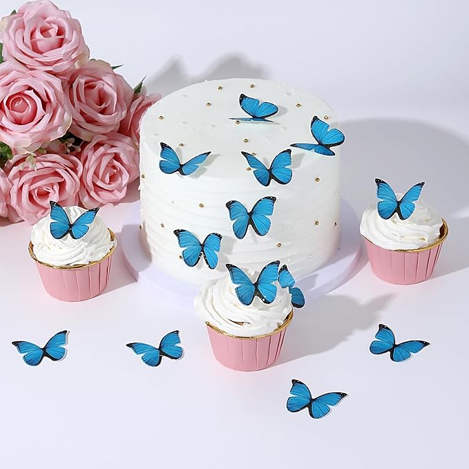 48PCS Blue Edible Butterfly Cake Toppers Wafer Paper Butterflies for Cake Decorations Colorful Small Pastel Cupcake Toppers Decorations for Birthday Party Wedding Cake Decorations
