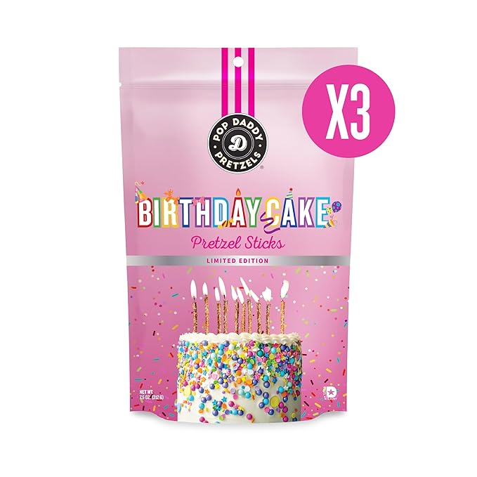 Pop Daddy Pretzels Sticks, Healthy Gourmet Flavored Pretzels Snacks, 7.5oz Individual Bags, 3 Pack, Birthday Cake