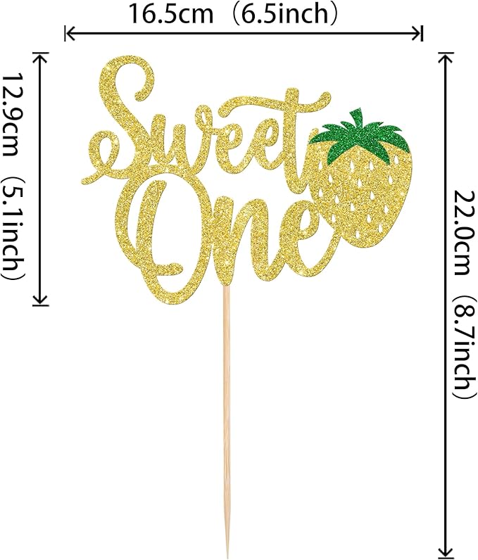 1 Pack Sweet One Cupcake Topper Glitter First Birthday Strawberry Cake Pick for Fruit Baby Shower 1st Birthday Berry Sweet Party Cake Decorations Supplies Gold