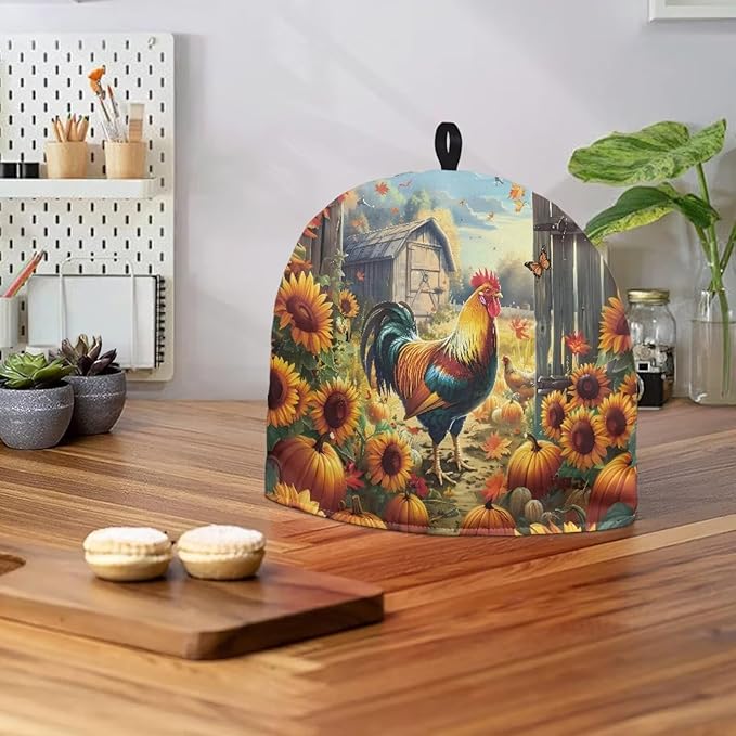 Rooster and Pumpkin Tea Cosy for Teapot Washable Tea Pot Cozy for Keeping Warm,Reusable Scratch Proof Kettle Cover for Breakfast Warmer