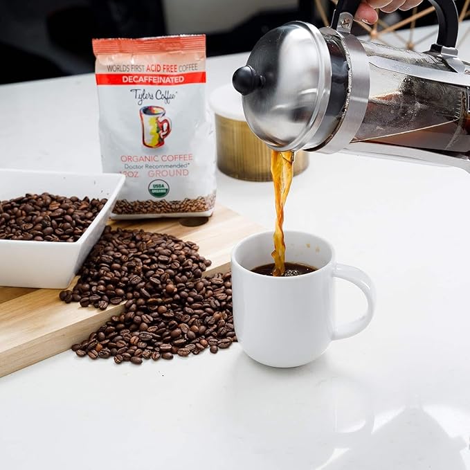 Tyler?™s Acid Free Organic Ground Coffee - 100% Arabica Full Flavor Decaf - For Acid Free Diets - Natural Whole Bean and Organic Blend for Common GI Issues -12 oz
