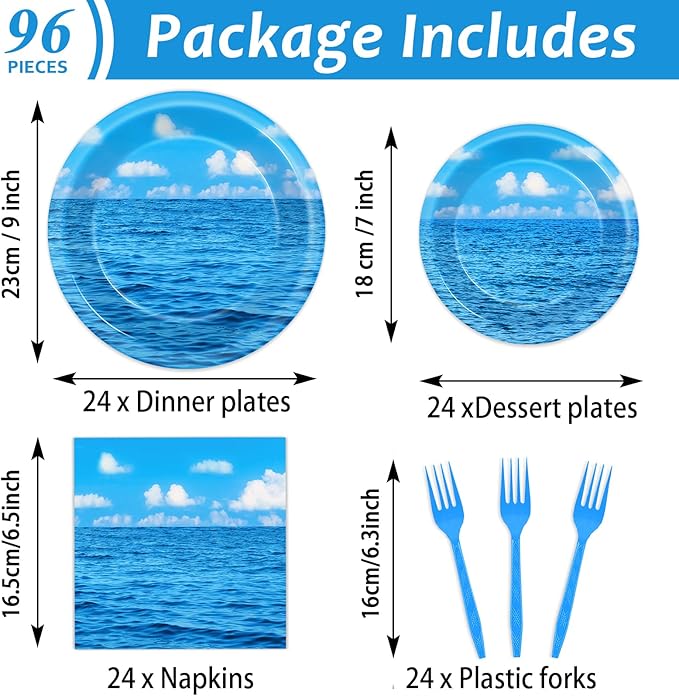 96Pcs Summer Ocean Plates and Napkins Under the Sea Bubbles Blue Sky Party Decorations Beach Dessert Plates Hawaiian Birthday Tableware for 24 Guests Hawaiian Theme Men Woman Birthday Party Supplies