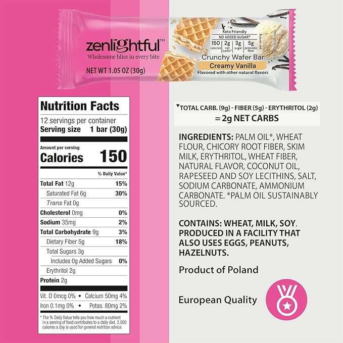 Zenlightful Creamy Vanilla Keto Bars, Low Carb (2 net carbs), Low Sugar (3g), High Fiber, Non-GMO, Vegetarian, Healthy Snacks, Delicious Crunchy Wafer Cookies with Decadent Creamy Filling, 12 Count