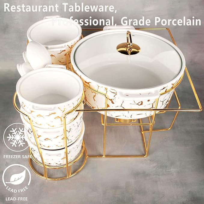 Ceramic Casserole Dish set with rack and Glass Lid, 1 large spoon, 6 small spoons, 6 soup cups - 2.2Qt Serving Soup Tureen with Handle, Serving Tureen for Restaurant Home Kitchen Decoration