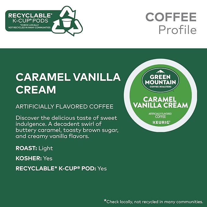 Green Mountain Coffee Roasters Caramel Vanilla Cream, Keurig Single Serve K-Cup Pods, Light Roast Coffee, 60 Count, (6 Packs of 10)