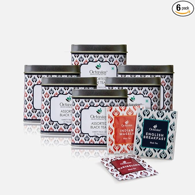 Octavius Tea Variety Pack | 3 Assorted Black Teas ??Indian Masala, Darjeeling & English Breakfast | Strong CTC Tea for Milk | 25 Tea Bags Each | Pack of 6 | Rich & Malty Flavor
