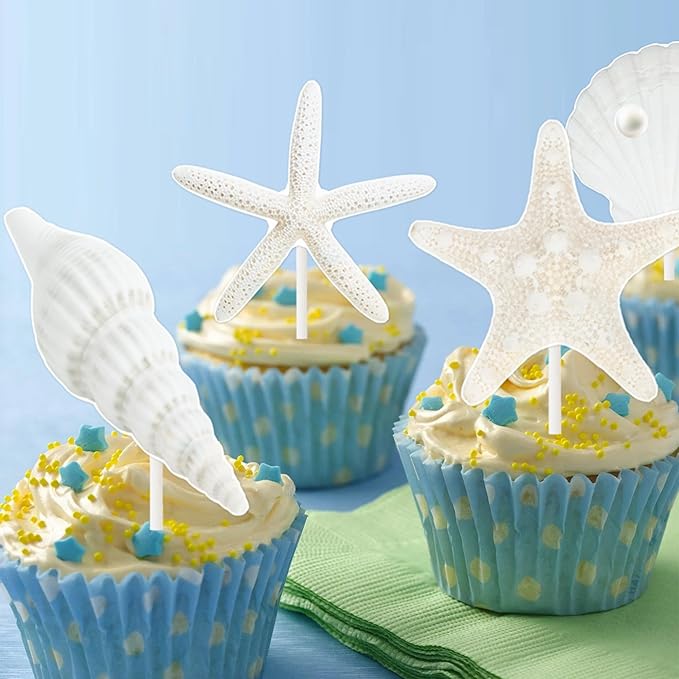 Starfish Sea Shell Cupcake Toppers 24PCS Coastal Beach Cake Decorations Seashell Starfish Cupcake Picks Ocean Nautical Party Decorations for Summer Theme Under The Sea Baby Shower Supplies