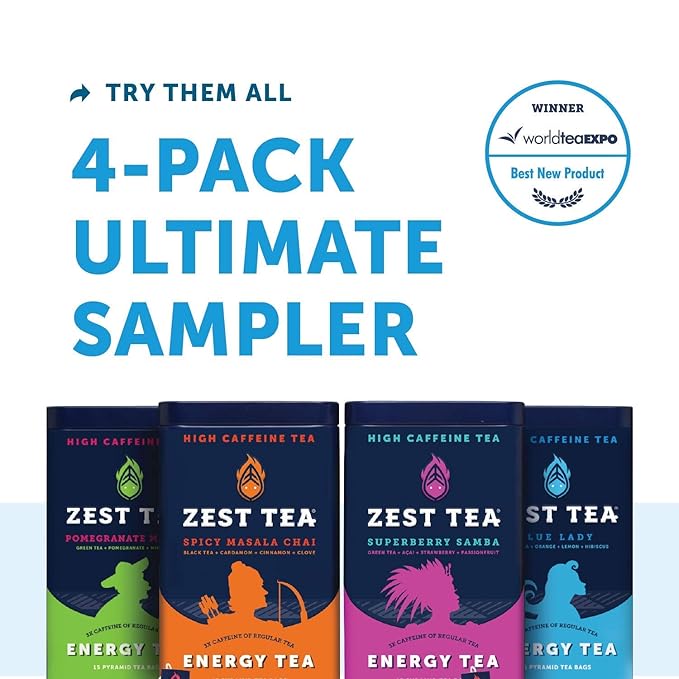 Zest Tea Premium Energy Hot Tea, High Caffeine Blend Natural & Healthy Traditional Black Coffee Substitute, Perfect for Keto, 150 mg Caffeine per Serving, Blue Lady Black Tea, Tin of 15 Sachet Bags