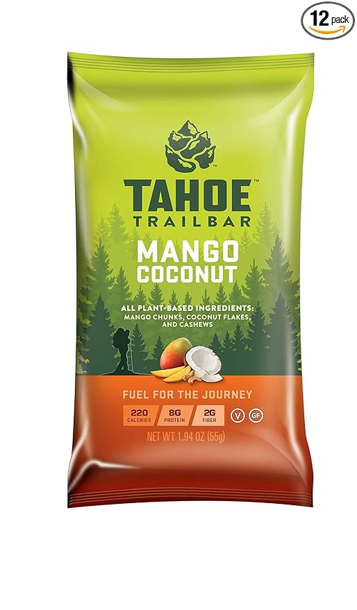 Tahoe Trail Bar, Plant-Based Natural Energy Bar (1.94 Ounce Protein Bar, 12 Count) High Protein Non-GMO, Gluten-Free, Vegan Healthy Snacks - Mango Coconut