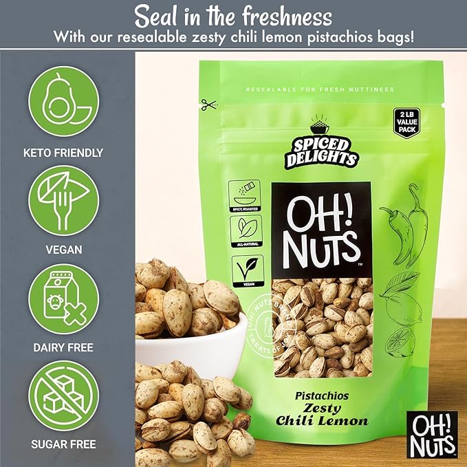 Oh! Nuts Spiced Pistachios with Chili Lemon Flavor, 2 LB ??Bold & Tangy Snack, Tajin-Style Seasoning, Chili Roasted Nuts ??Packed in Freshness-Sealed Resealable Bag