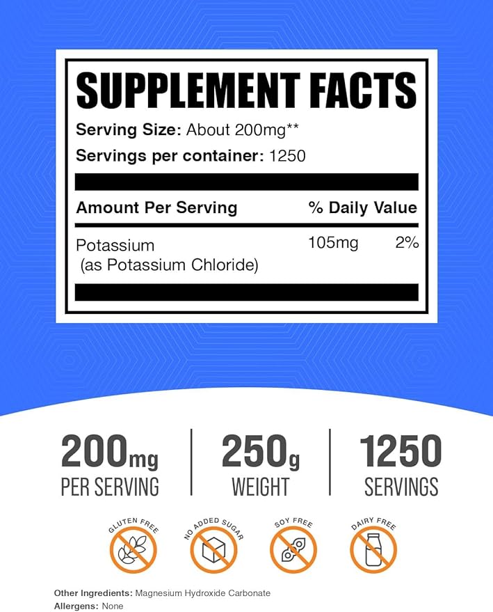 BulkSupplements.com Potassium Chloride Powder - Salt Substitute, Potassium Salt - Gluten Free, 200mg per Serving, 250g (8.8 oz) (Pack of 1)