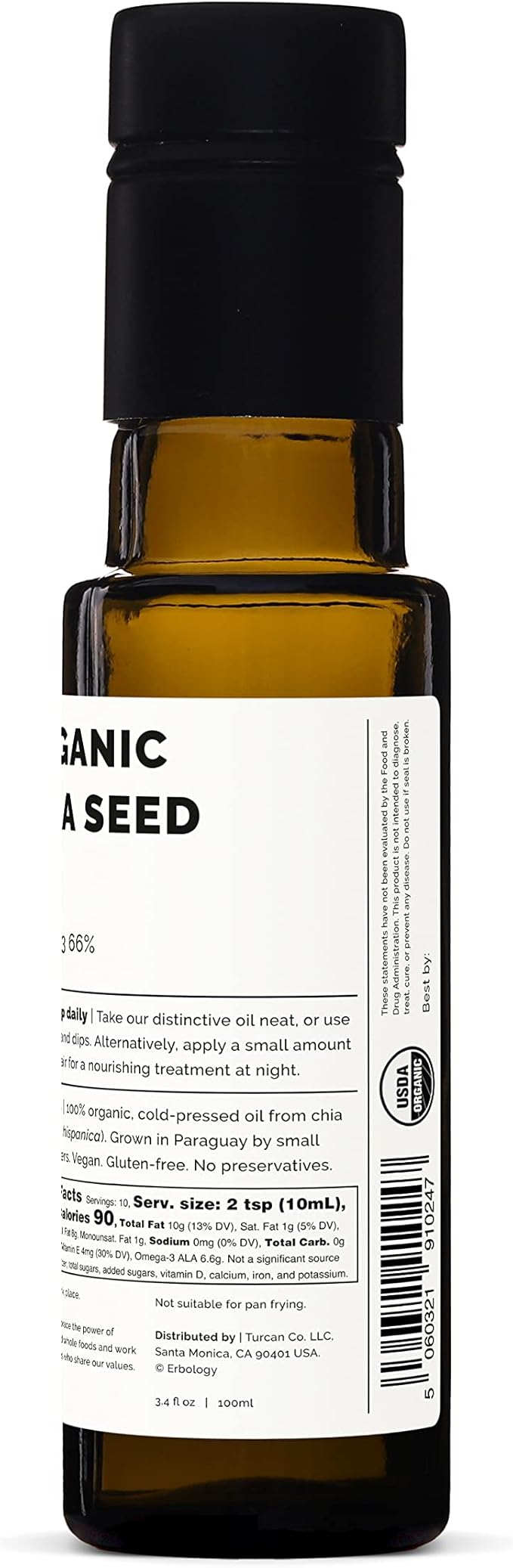 Erbology Organic Chia Seed Oil 3.4 fl oz - Cold-Pressed - Rich in Omega-3 (66%) and Vitamin E (330% RI) - No Additives or Preservatives - Sustainably Sourced - Vegan - GMO-Free