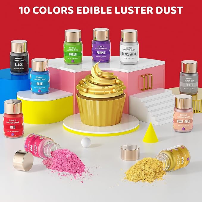 Luster Dust Edible - 15 Grams Food Grade Cake Dust Shimmer Powdered, Cherrysea Powder Luster Dust Food Coloring for Cocktails, Christmas Cookie Decorations, Cake, Drinks, Fondant, Candy - 15g/Bottle (5-Red)