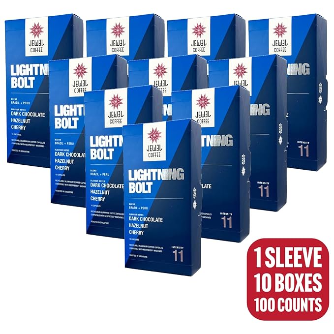Jewel Coffee Specialty Coffee Pods - Lightning Bolt Blend, 100% Arabica Coffee, Intensity 11, Dark Roast, Compatible with Original Nespresso Machines, 100 Count (10 Boxes of 10 Espresso Pods)