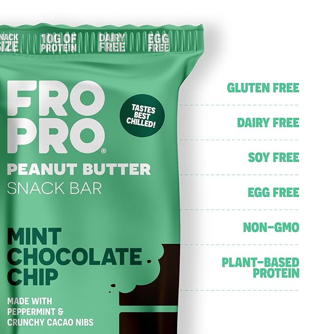 FROPRO Plant Protein Snack Bars - Plant Based Protein Bars, All-Natural, Gluten, Dairy, & Soy Free, High Protein Bars with Low Calories | Mint, 12 Pack