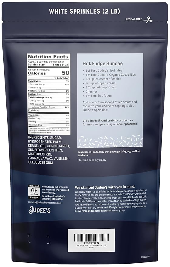 Judee's Gluten Free White Sprinkles 2 lb - Gluten-Free and Nut-Free - Brighten Up Your Baked Goods - Great for Cookie and Cake Decoration - Use for Baking, Dessert and for Ice Cream Toppings