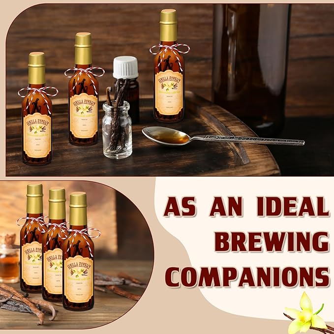Tioncy 16 Pcs Vanilla Extract Bottles for Homemade Vanilla Jar Glass Bottle with Cap, Shrink Band, Sticker Syrup Gift Food Storage Canister for Bean Sauce Spice